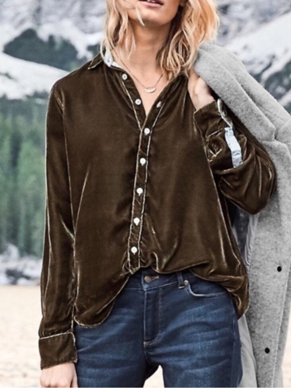 CP Shades Romy Velvet Button Down Shirt Brown Silk Blend Contrast Blue Cuff-M
